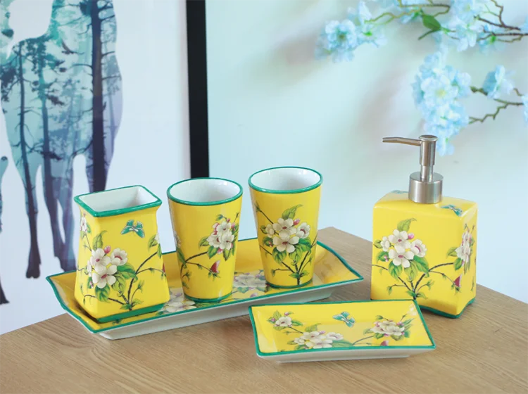 Американская высокая температура, керамический набор для ванной комнаты, бутылка для ванной, украшение для ванной, чашка для зубной щетки, мыльница с лотком, окрашенная керамика