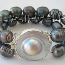 " 2row 14 мм черный барокко пресной воды жемчужный браслет-925 Mabe pearl claspNoble стиль Природный Изысканные jewe Быстрая