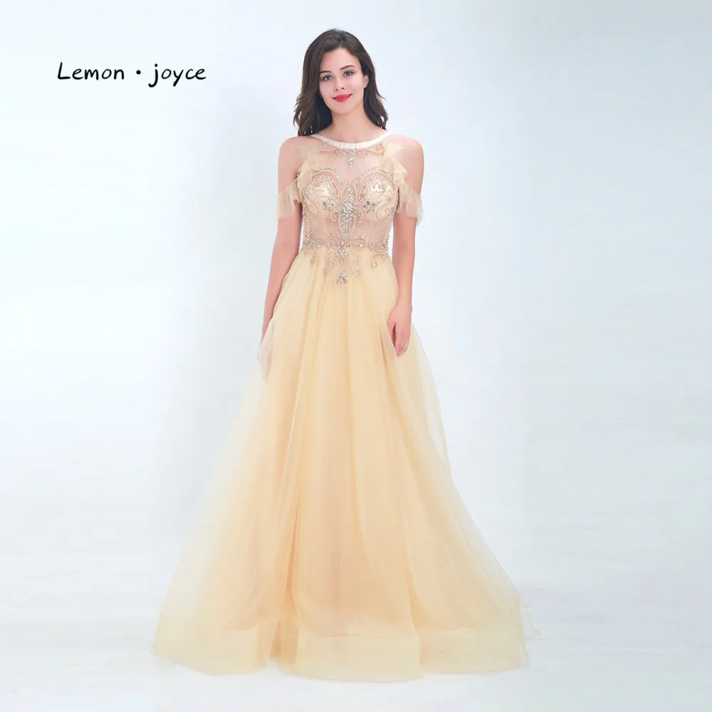 Lemonjoyce Elegant Champagne Evening Dress 2020 New Style O-Neck Top beading Illution A Line Floor Length Lady Prom Party Gown | Свадьбы и