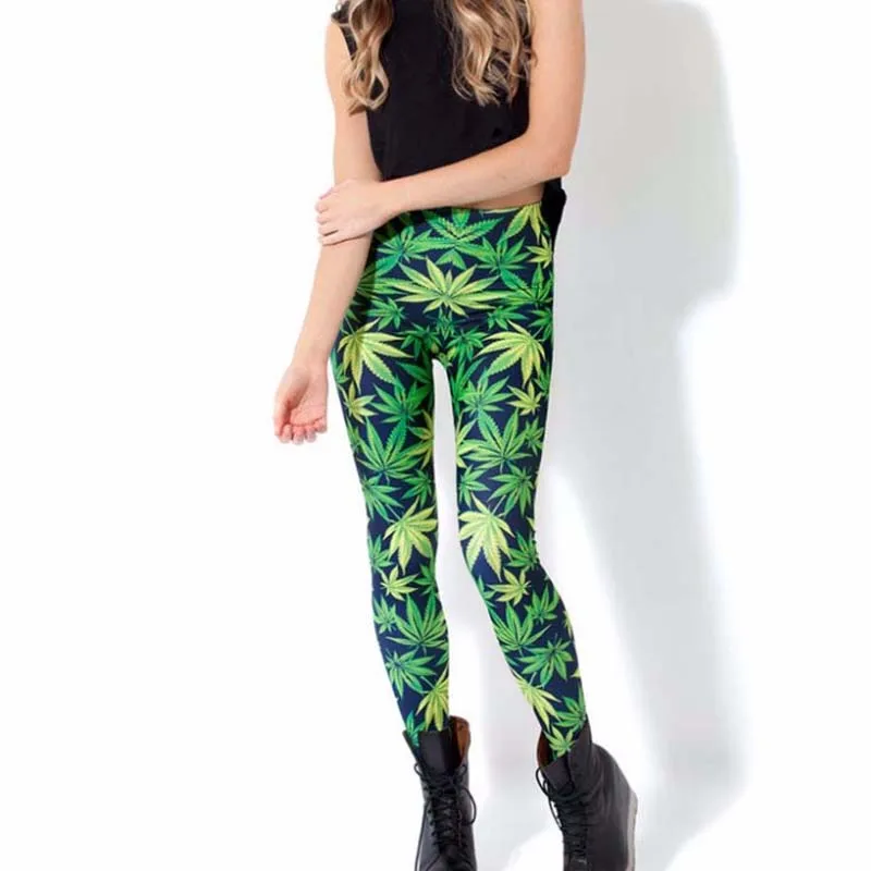 Fashion Women Girls Green Hemp Leaf Cargo Joga Leggings Fluorescent