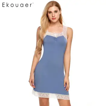 

Ekouaer Cotton Nightgown Women Sleepwear Lingerie Dress Sleeveless Lace Patchwork Square Neck Night Dress Female Sleepshirts