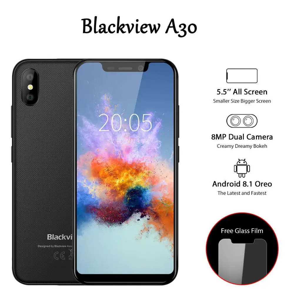 

Blackview A30 5.5inch Smartphone Quad Core Mobile Phone 19:9 Full Screen 3G Cellphone MTK6580A Face ID 2GB+16GB Android 8.1