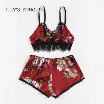 

JULY'S SONG Spring Summer Floral Women's Sleepwear Set Sexy Satin Pajama Lace Woman Sleeveless Sling and Shorts