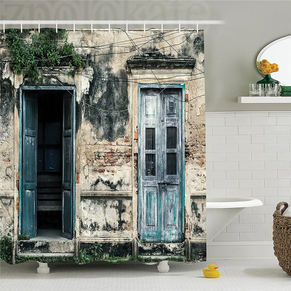 

Rustic Decor Shower Curtain Doors of An Old Rock House with French Frame Details in Countryside European Past Theme Bathroom Set