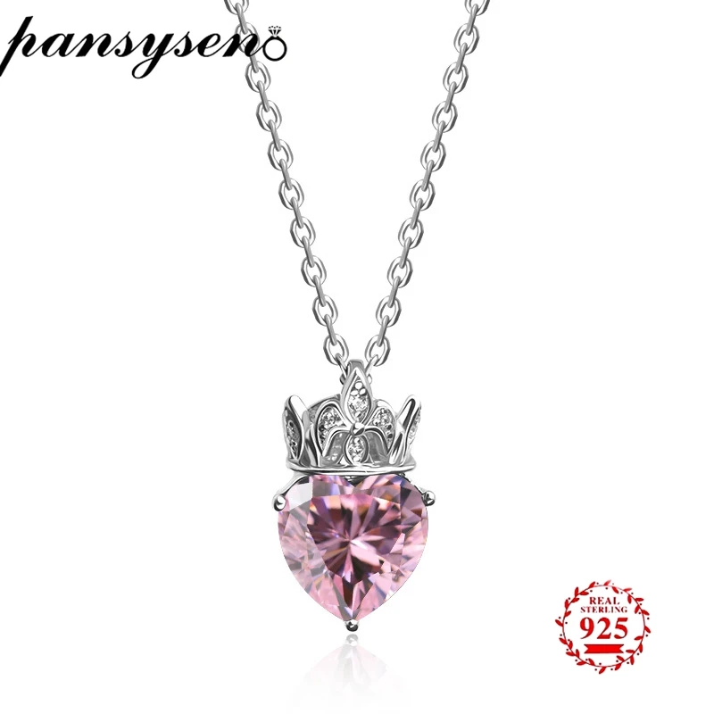 

PANSYSEN Luxury Natural Pink Quartz Crown Pendant Necklaces Elegant Real 925 Sterling Silver Women's Birthday Fine Jewelry Gift