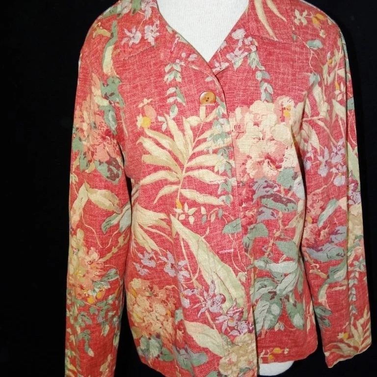 Coldwater Creek jacket womens size L large red floral blazer 100% cotton floral