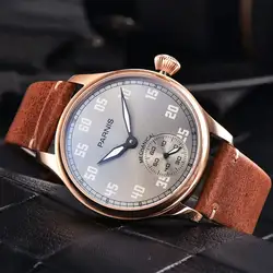 44 мм Parnis серый циферблат Роза Золотой покрытием случае светящиеся знаки кожаный ремешок Элитный бренд 6497 руки обмотки для мужчин часы