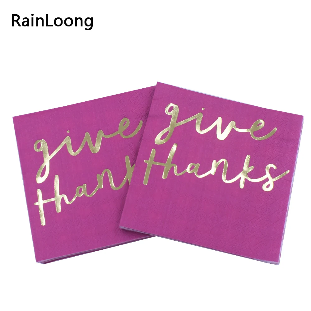 

[RainLoong] 3-Plys Foil Gold Beverage Paper Napkin Give Thanks For Thanksgiving Decoration Supply Tissue Serviettes 25*25cm