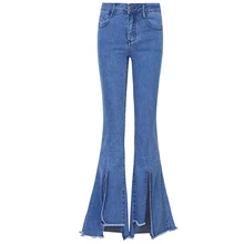 Винтажные расклешенные джинсы размера плюс с высокой талией для женщин, длинные широкие джинсы для женщин, джинсовые брюки с разрезом