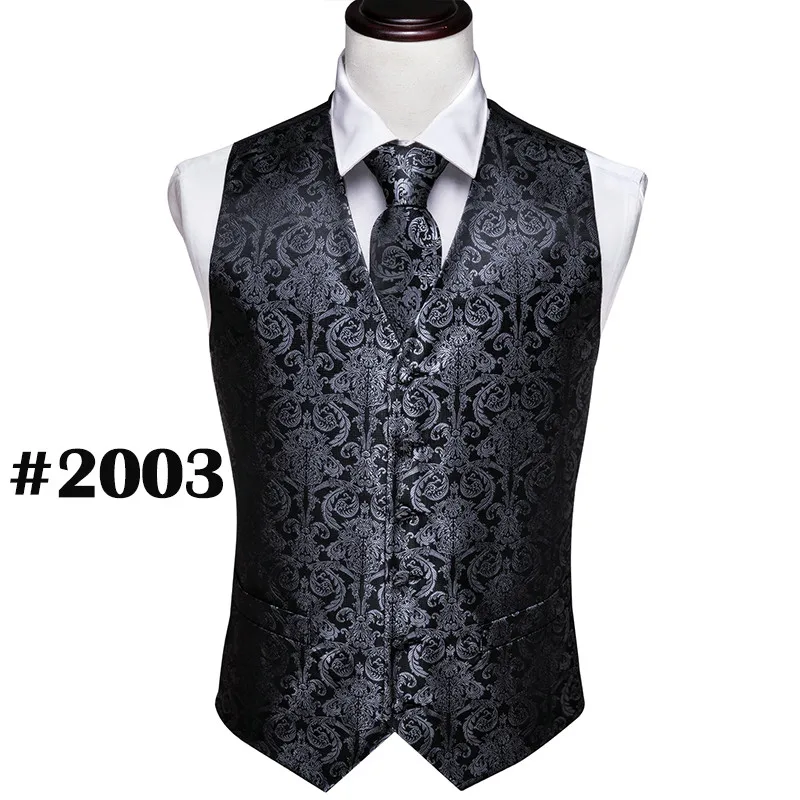 blazer for men wedding Designer Mens Classic Black Paisley Jacquard Folral Silk Waistcoat Vests Handkerchief Tie Vest Suit Pocket Square Set Barry.Wang casual blazer Suits & Blazer