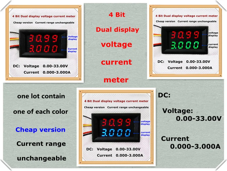 

RD simple version 4 bit DC 0-33V/3A Red+blue/red/green Dual LED Display 0.28 Digital Ammeter Voltmeter voltage current 3pcs/lot
