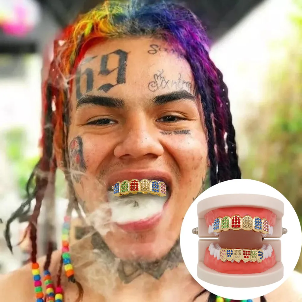 

Rainbow Hip Hop Teeth Top Bottom Tooth Grill Set Copper Tooth Cap Jewelry Teeth
