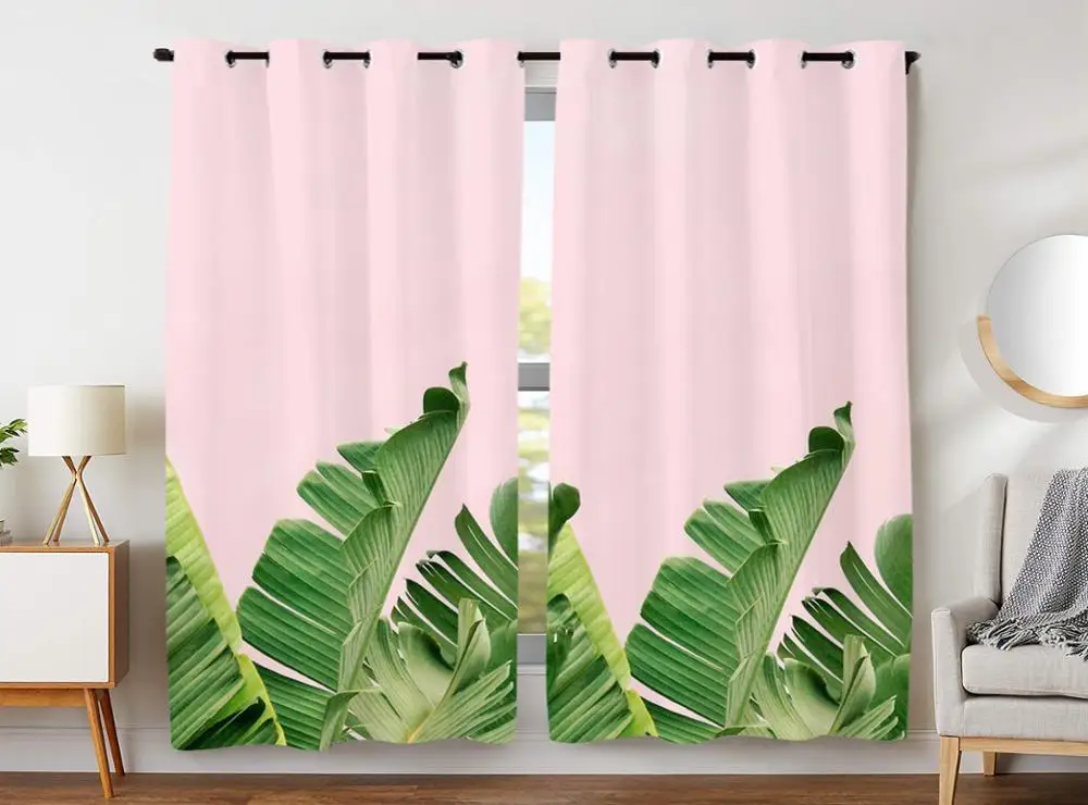 

Blackout Curtains Darkening 2 Panels Grommet Window Curtain for Bedroom Green Banana Leaf Pink Background