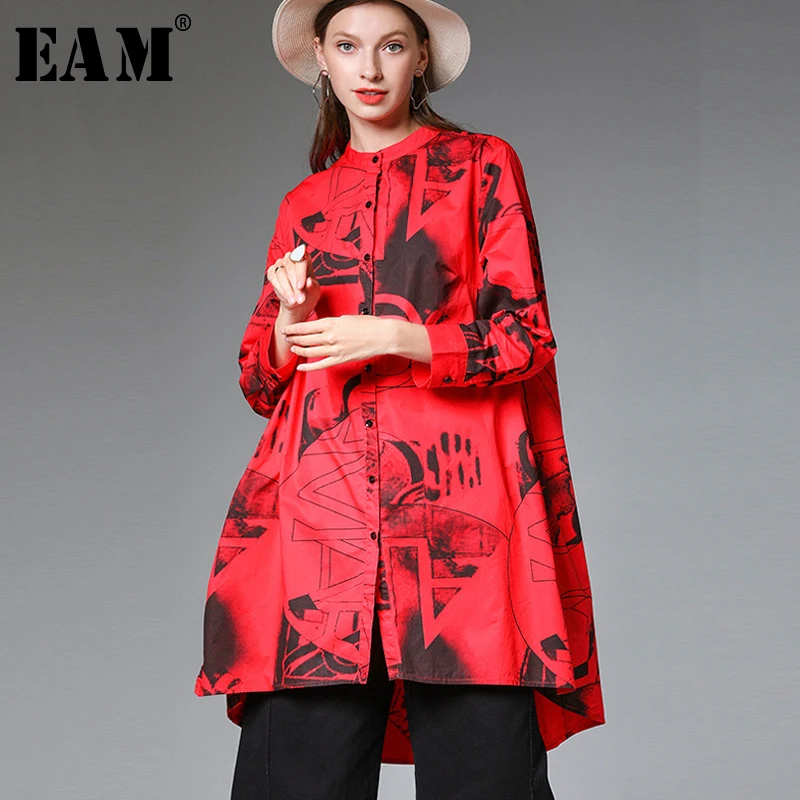 

[EAM] 2019 New Spring Autumn Lapel Nine-quarter Sleeve Pattern Printed Split Joint Loose Shirt Women Blouse Fashion Tide JY928