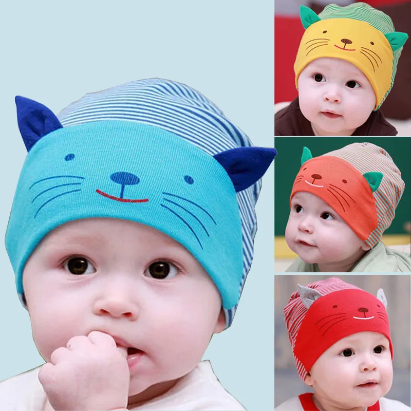 

Lolvely Beanies For Boys Girls With Ears Striped Cotton Baby Cartoon Hats Elastic Soft Enfant Caps For 0-3 Years Kids