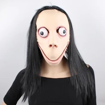 

GNHYLL Momo Mask Hacking Game Horror Latex Mask Full Head Momo Mask Big Eye With Long Wigs Halloween Mask