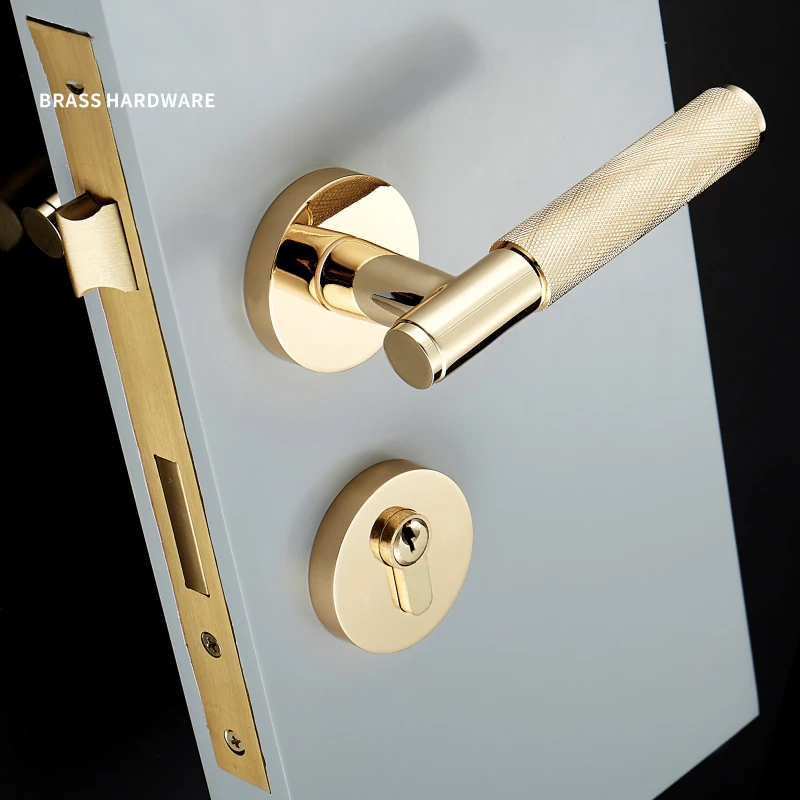 1set Knurled/textured Gold Door Handle With Lock Brass Mechanical