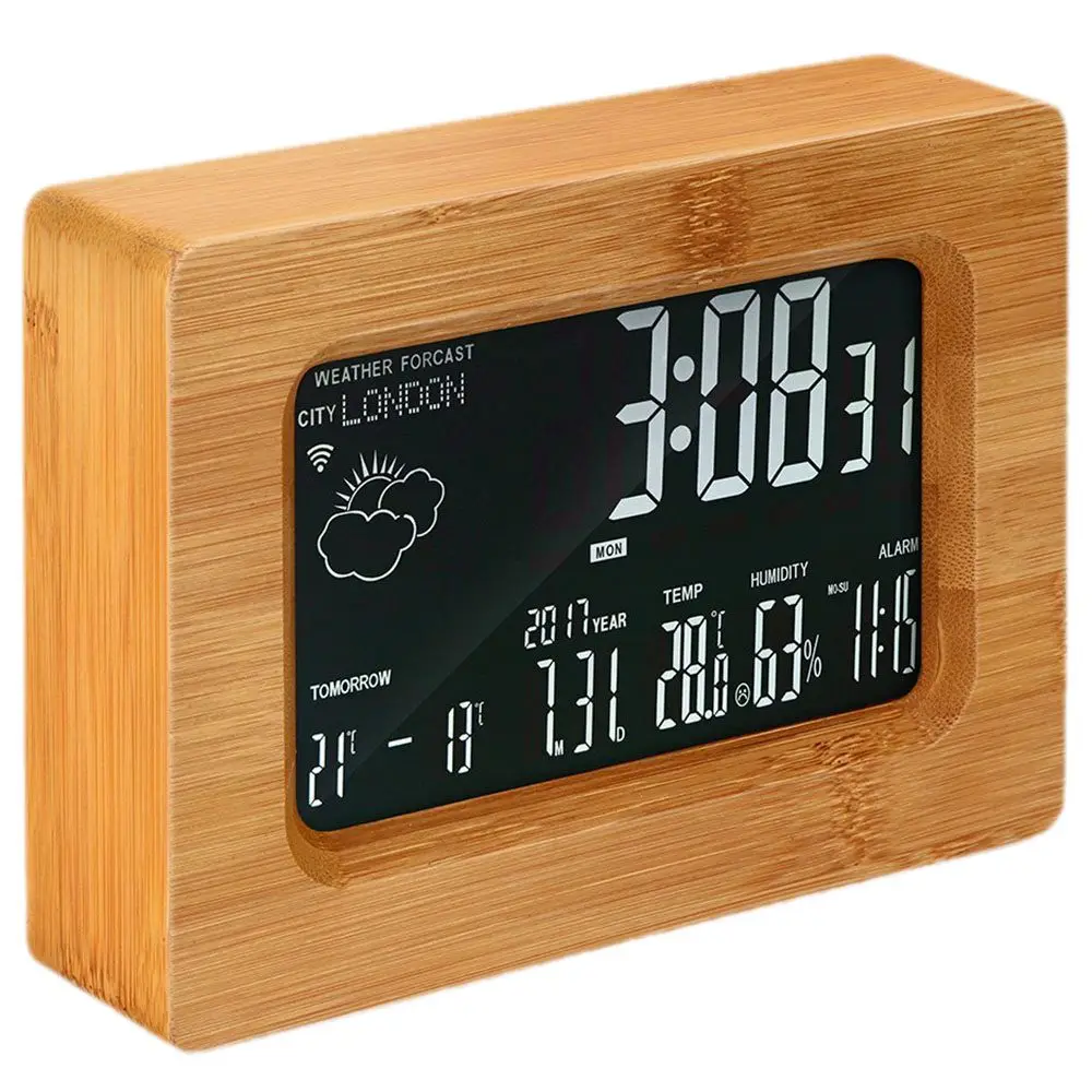 

HOT-LCD Forecast Station Wooden Wi-Fi Wireless Digital Weather Station Alarm clock for iOS Android Smartphone, Wood Color