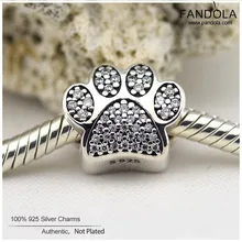 Настоящие 925 пробы, серебряные прозрачные CZ подвески с принтом лапы, бусины, подходят для оригинальных браслетов, сделай сам, очаровательные серебряные 925 для изготовления ювелирных изделий