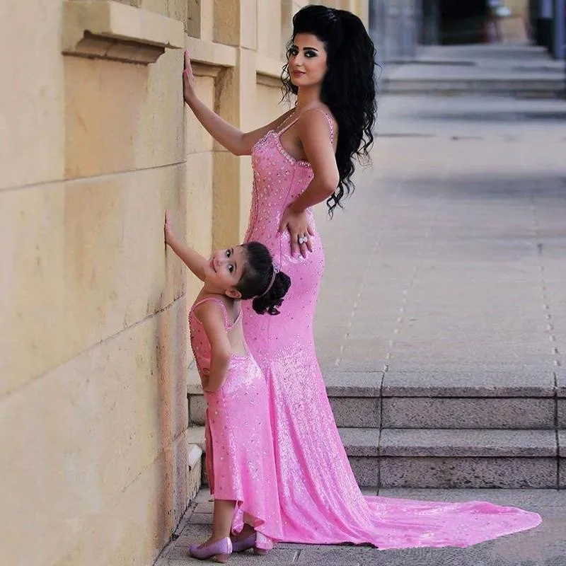 2016-Said-Mhamad-Pink-Mother-Daughter-Matching-Dresses-Rhinestones-Beaded-Mermaid-Prom-Dress-2-Pieces-Evening