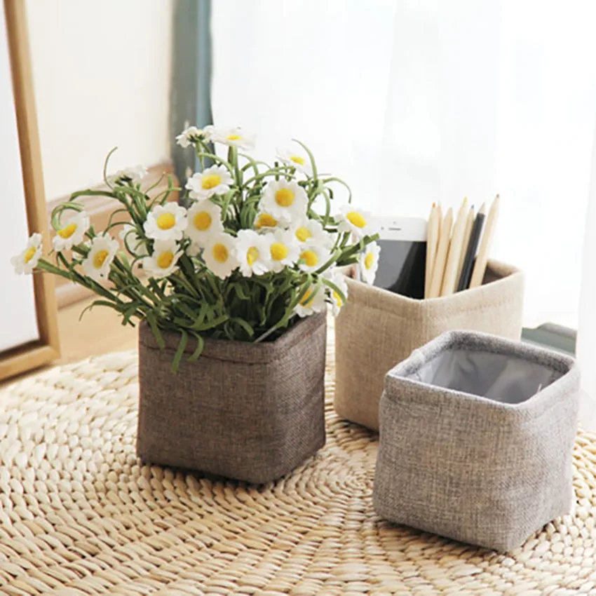 

Small Desktop Pen Holder Storage Bin Closet Toy Box Flowers Container Organizer Fabric Basket Home Office Table Decorative Box