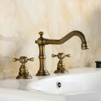 

3Pcs Faucet Sets Antique Brass Double Handle Bathroom Bathtub Basin Sink Mixer Tap faucet on deck