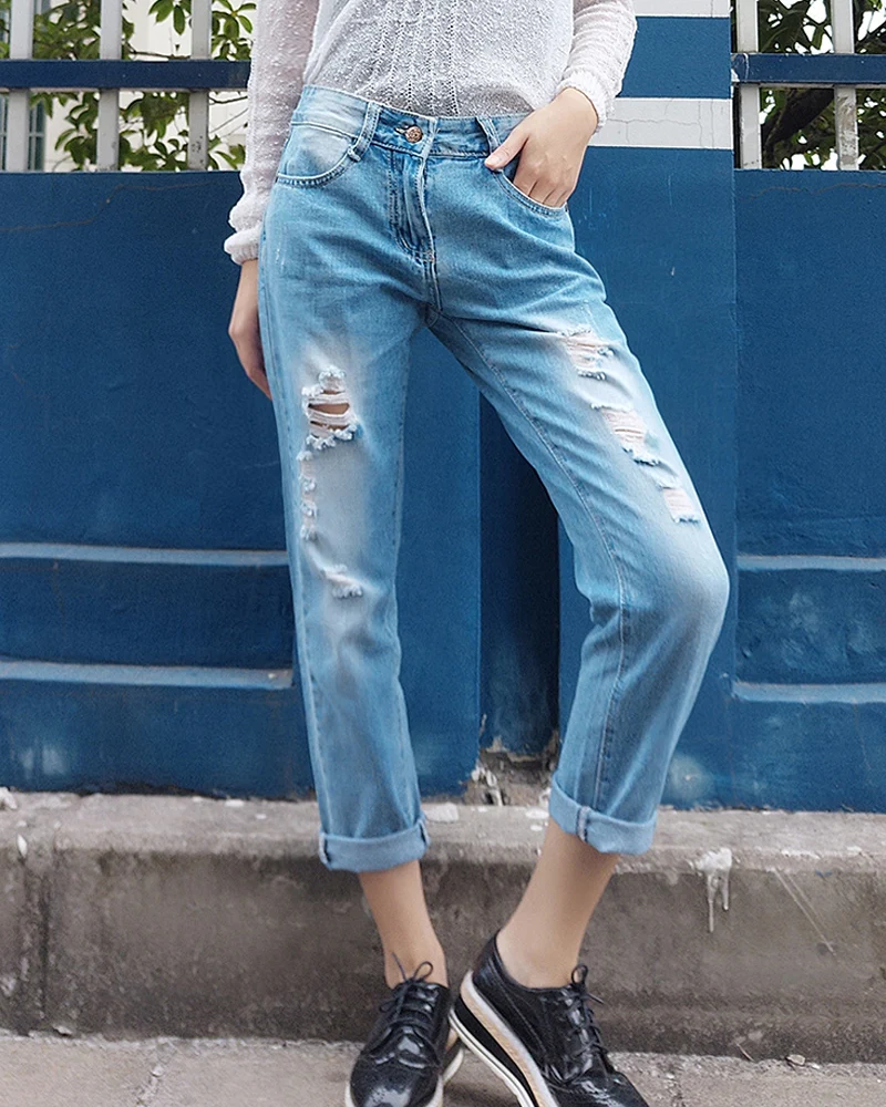 Boyfriend style женские прямые джинсы с завышенной талией и потертостями женские модные джинсы до щиколотки из денима с хлопковой подошвой