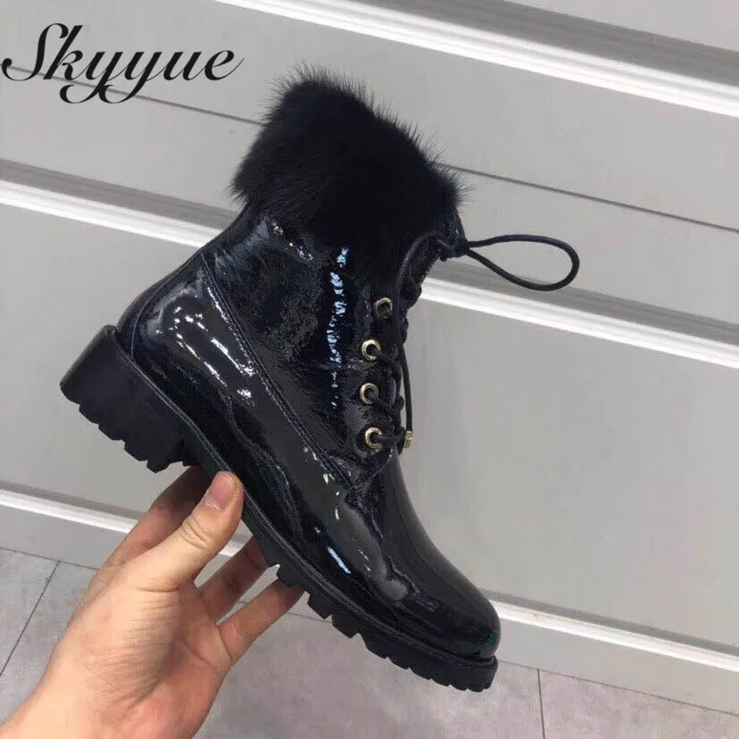 SKYYUE Genuine Leather Gladiator Lace Up Women Boots Real Fur Low Heel Winter Ankle Boots Shoes Women