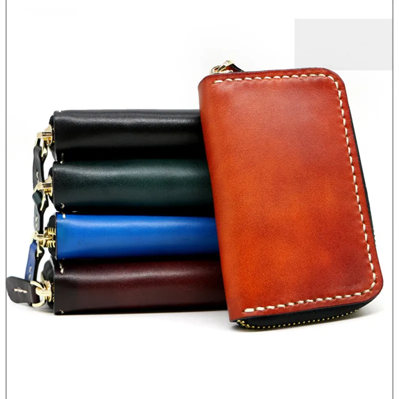 

Women Men Vegetable Tanned Leather Key Wallet Interior Keys Chain Holder Bag Clutch Purse Short Wallets Holders Purses