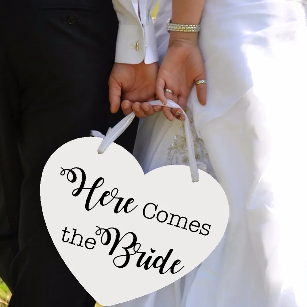 Wooden Heart Here Comes the Bride with And they lived Happily Ever After Wedding Flower Girl Sign, Ring Bearer Sign , Crisp