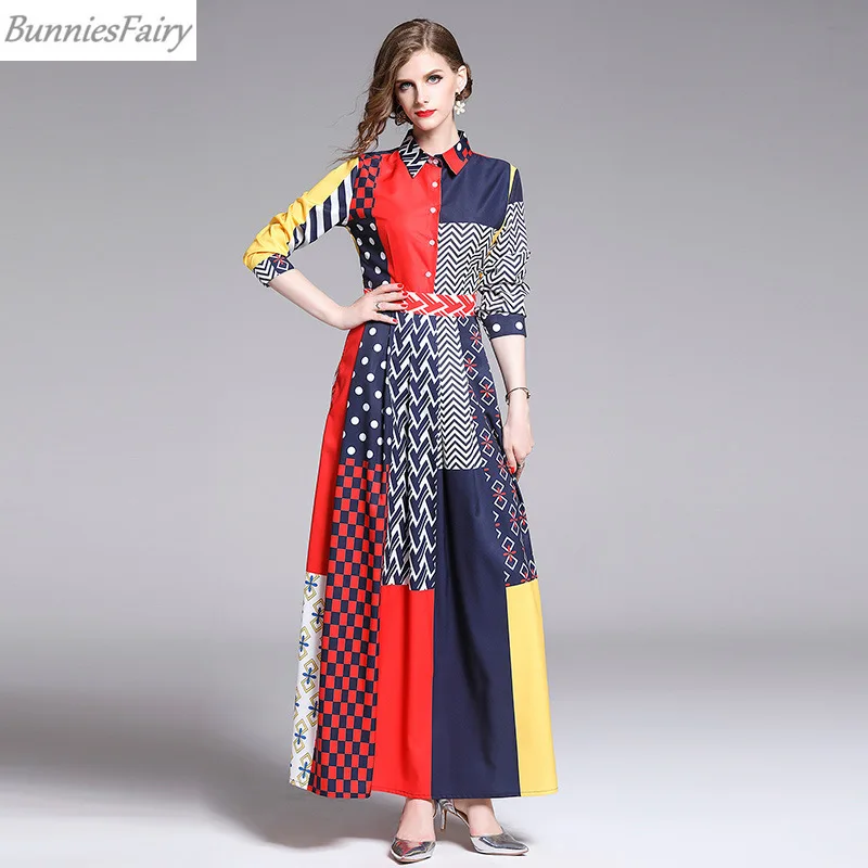 

BunniesFairy 2019 Autumn Women Runway Elegant Vintage Retro Plaid Stripe Geometric Patchwork Print Long Maxi Empire Shirt Dress