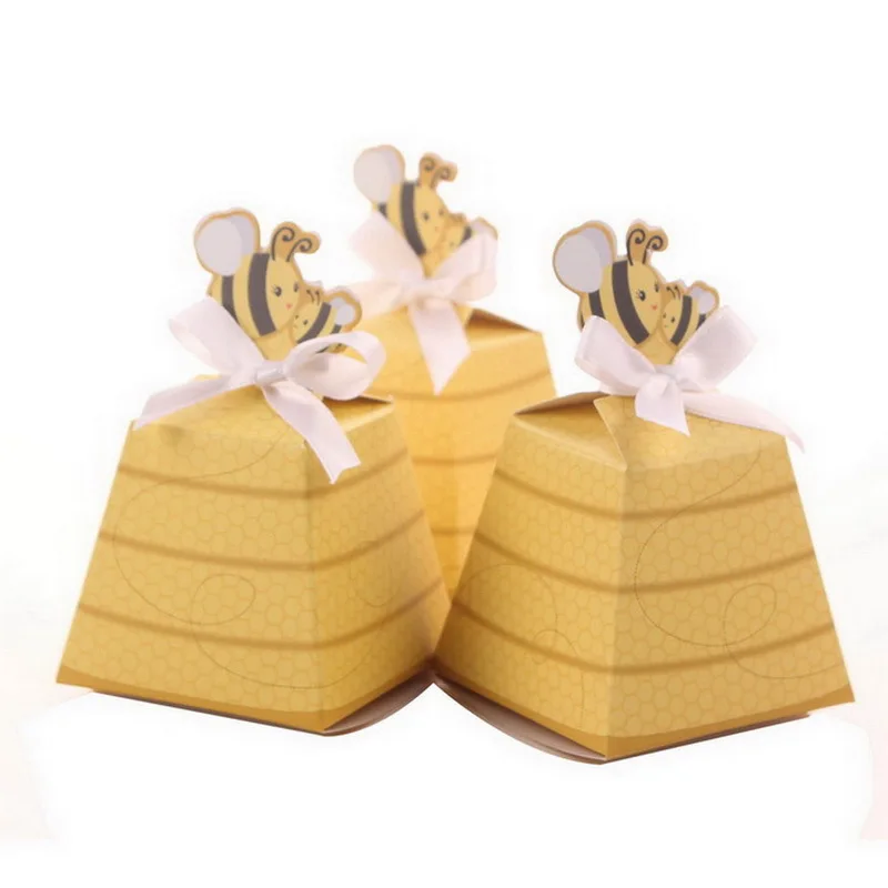 

12pcs Yellow Bee Boite a Dragees gift box Wedding Decoration candy box with White Ribbons Baby Shower Birthday Party Supplies