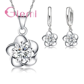 

Fine Women Gift Set Beautiful Flower with CZ Zircon Pure 925 Sterling Silver Necklace Earrings Wedding Party Jewelry for Brides