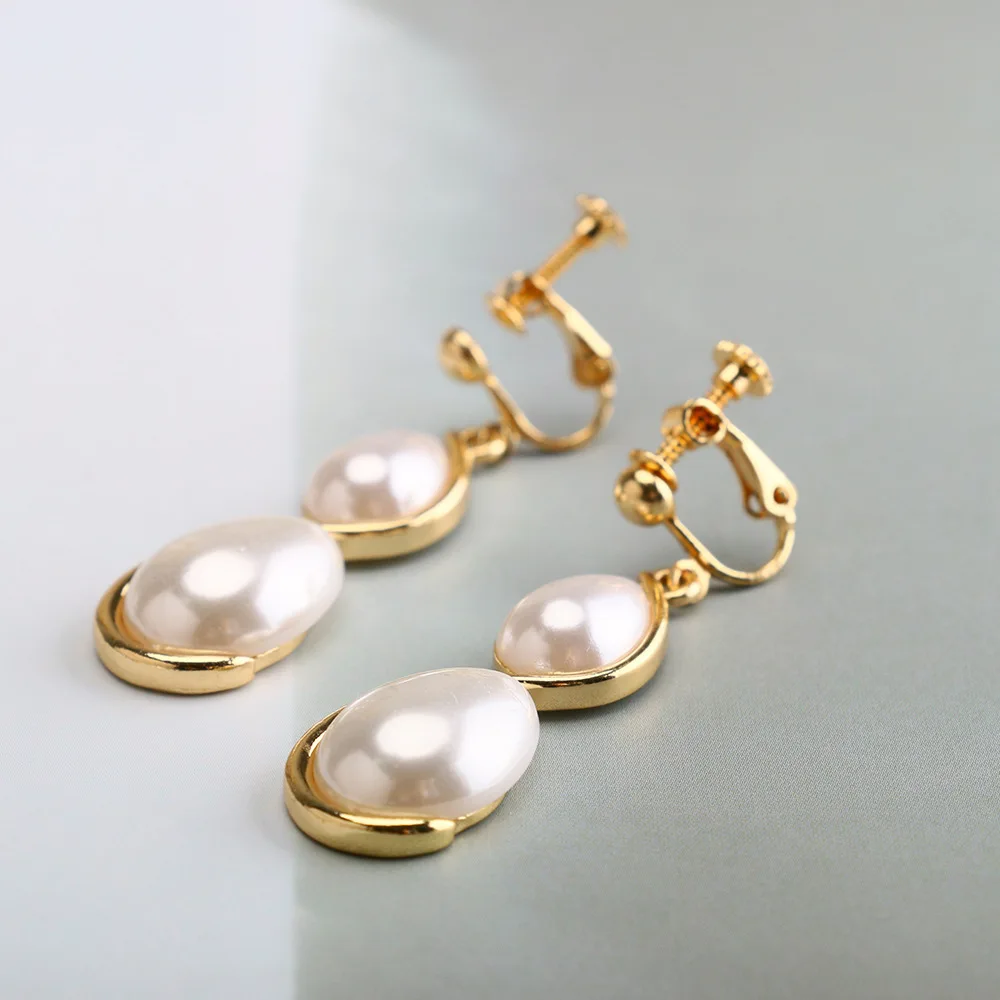 JIOFREE Double Pearl Clip on Earrings Non Piercing for girl Zine Alloy