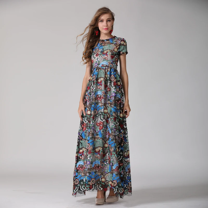 

Youe Shone 2018 High Quality Lady New Luxury Heavy Colorful Embroidery Short Sleeve Charming Floor-length Gauze Maxi Dress