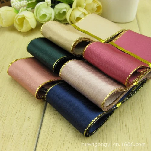 

High quality 38mm gold trimming Double Face satin ribbon DIY hair accessories Children package gift 5M/lot