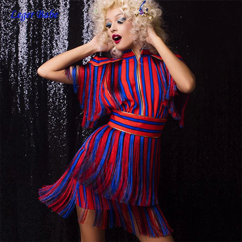 

Christmas Party Dress Women Sexy 2019 Casual Summer Dresses Striped Bodycon Tassel Club Party Mini Dress Female Fringe Vestidos