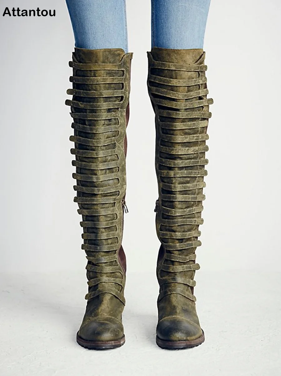 Attantou/Новые эластичные сапоги-трубы на плоской подошве; женская обувь выше колена; длинные сапоги-трубы; повседневные зимние женские сапоги с ремешками