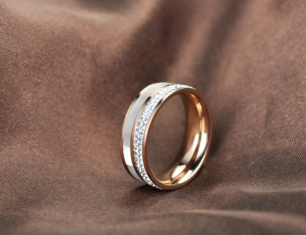 Wedding Rings Women 316L Stainless Steel Rose Gold Rhinestone Shell