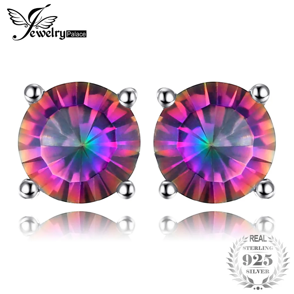 

JewelryPalace 4ct Genuine Rainbow Fire Mystic Topaz Round Concave Stud Earrings Set For Women Solid 925 Sterling Silver Luxury