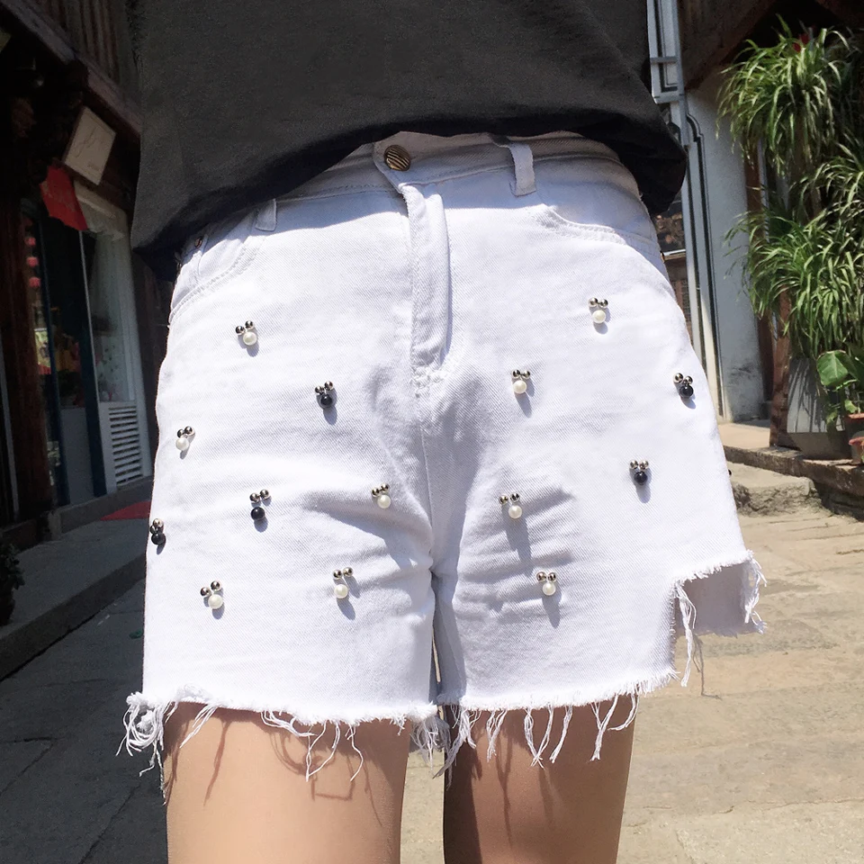 

Summer Beaded Denim Short High Waisted Jean With Hanger Shorts Women Ladies Tassel Rivet Ripped Worn Loose Burr Hole Jeans
