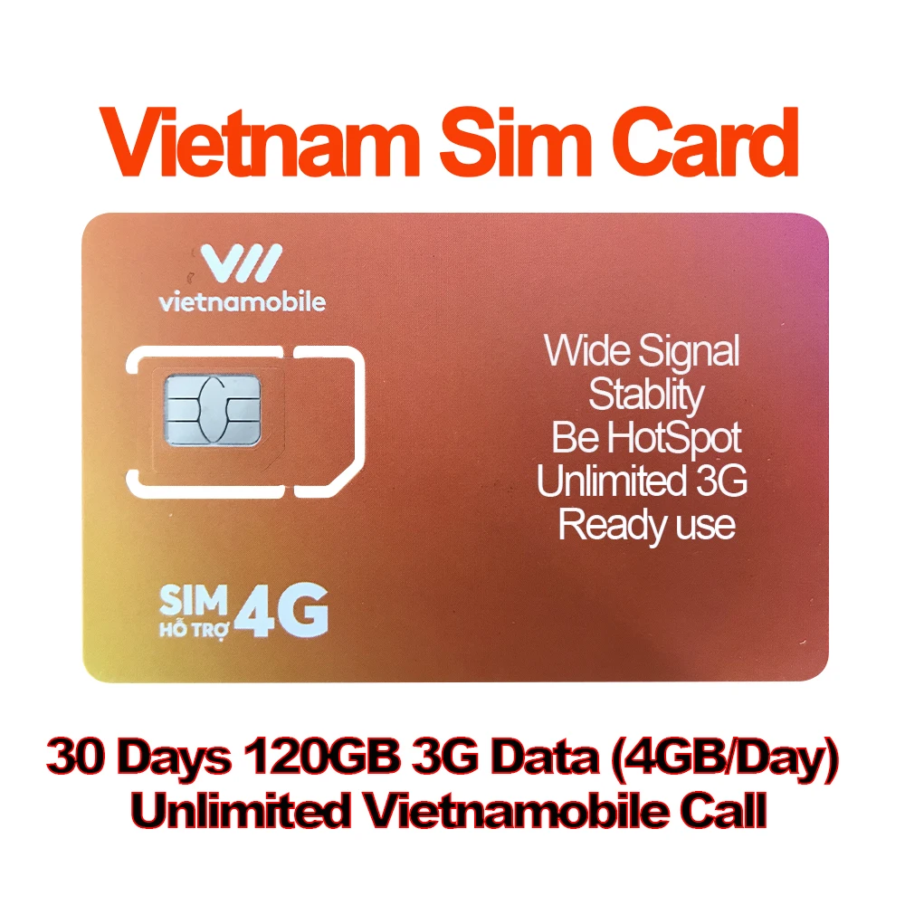 

Mewfi Vietnam Travel Sim Card 30 days 120GB 3G Data 4GB/Day+Unlimited Vietnamobile Call Local Vietnamobile Mobile Phone Sim Card