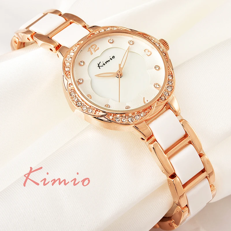 KIMIO Brand Plum Flower Dial Skeleton Willow Pointer Imitation Ceramic Resin Strap Diamond Rose Gold Watch Women Quartz-watch KIMIO Brand Plum Flower Dial Skeleton Willow Pointer Imitation Ceramic Resin Strap Diamond Rose Gold Watch Women Quartz-watch