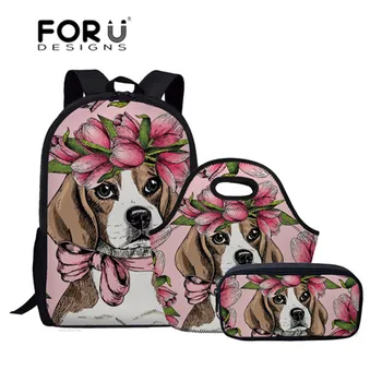 

FORUDESIGNS School Backpack Girls Beagle Printing Dog Rucksack for Children 3PCS Set Travel Backpack School Bags Teen sac a dos