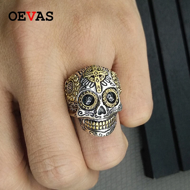 

Real S925 silver Big Heavy Skull Cross rings for wen Punk style Gold color Sterling silver Party jewelry finger ring about 17.8g