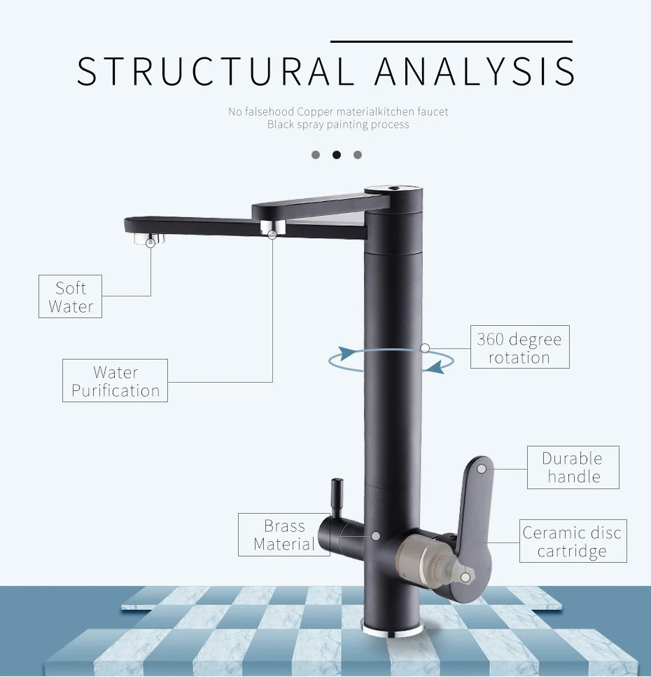 FLG Твердый латунный питьевой воды кухонный кран 3 способа фильтр для воды очиститель кухонный смеситель для поворотной раковины краны 1020-33B