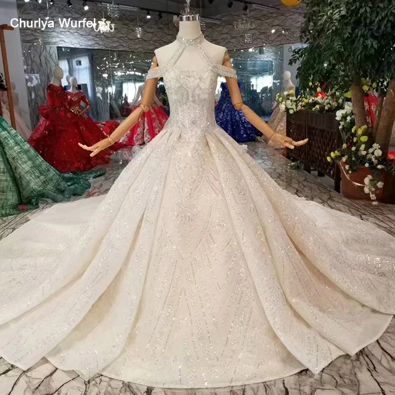 

LS11283 hand working luxury wedding dresses halter neck crystal off shoulder ball gown wedding gown high quality robe de mariee