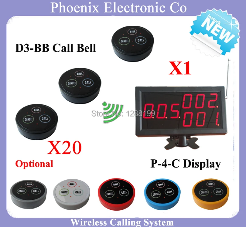 

Restaurant Waiter Calling System For Guest Paging For Equipment For Cafes,1pcs Display P-4-C &20pcs D3 Guest Button Bell