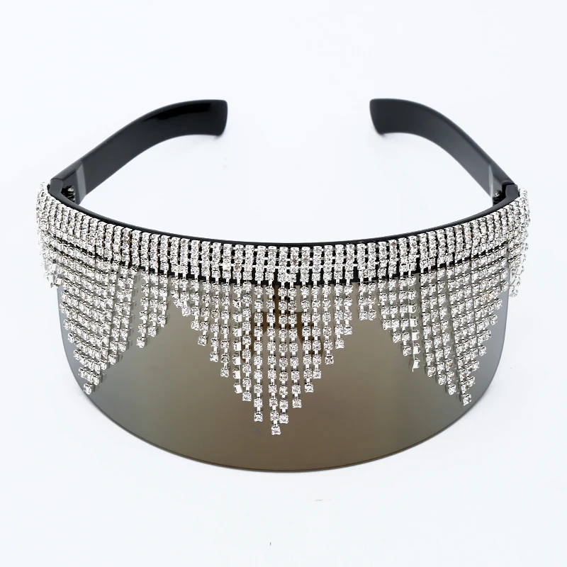 Модные негабаритные зеркальные солнцезащитные очки со стразами для женщин и мужчин, Роскошная большая оправа, маска с бриллиантами, серебристые очки с защитой глаз, UV400