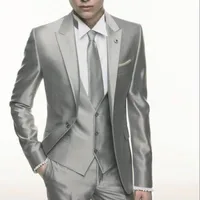 Silver Grey Satin Wedding Men Suit Formal Skinny Stylish Male Blazer Party Custom Tuxedo 3 Piece Vestidos Suit For Men 1